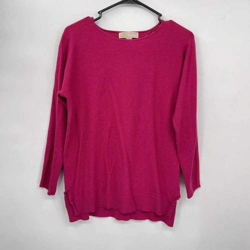 Michael Kors Small Sweater Womens Fuchsia Pink Crew Neck High-Low Side Slit Knit